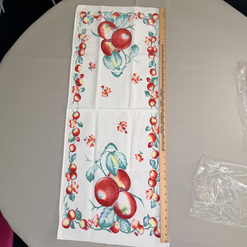Vintage Style Apple Blossom Kitchen Towel Dishcloth 14.5" x 27" Fruit Print Red